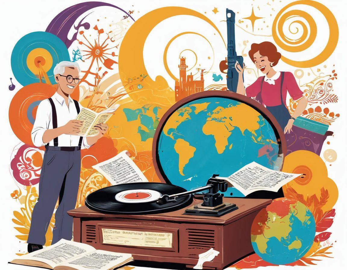 A whimsical illustration of cheerful historians joyfully transforming old, dusty records into vibrant, colorful journeys. Include dynamic visual elements like animated scrolls, bright maps, and smiling figures engaged in storytelling. Emphasize warmth and happiness with light, inviting colors and playful design. Enrich the scene with elements like vintage tools and artifacts. vector art. vibrant colors. white background.