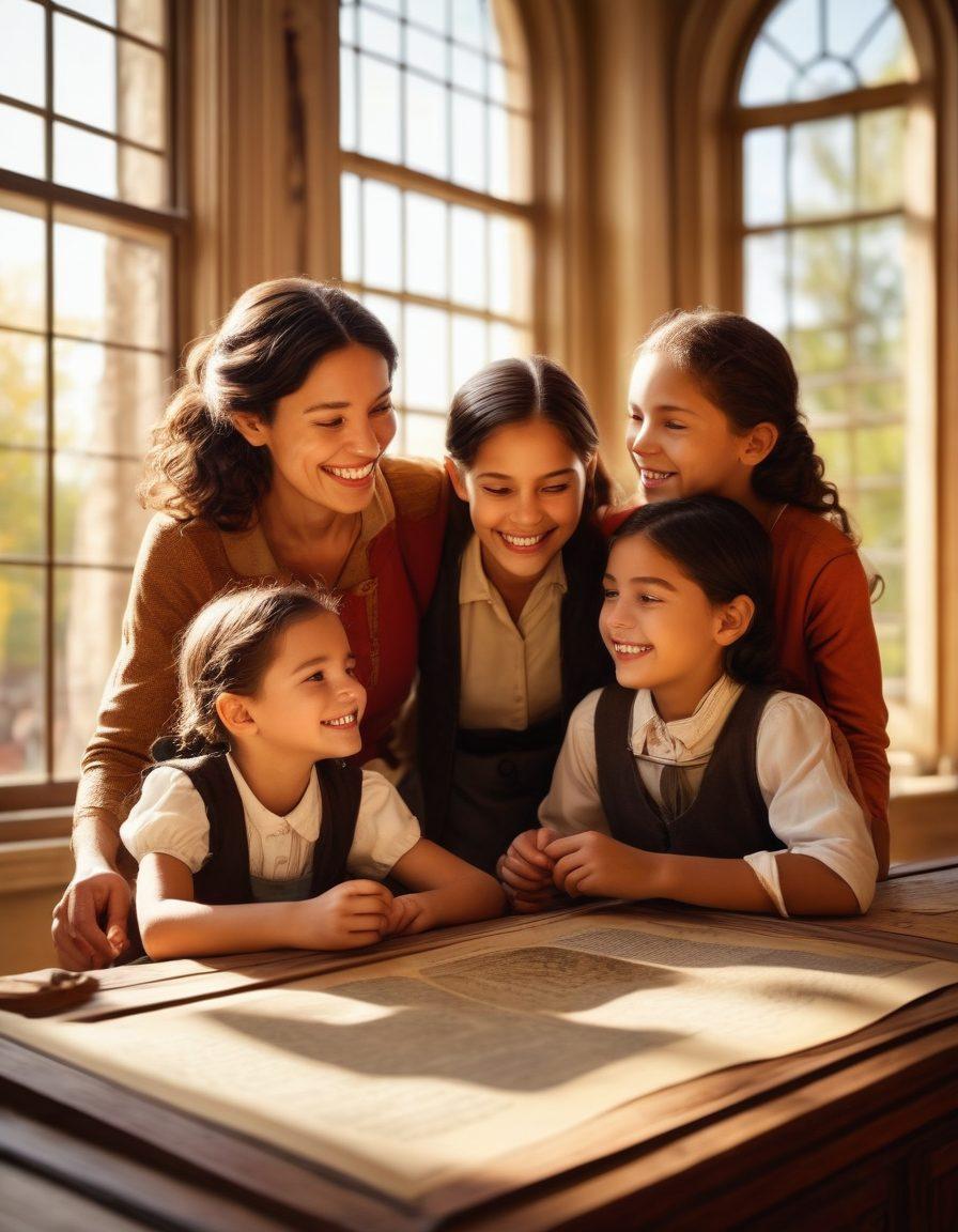A joyful family at a historical site, engaging with interactive displays and learning together. In the background, an inviting museum filled with artifacts that spark curiosity. Warm sunlight filters through large windows, illuminating the smiles on their faces. Incorporate elements of storytelling like a book or scroll that narrates history. super-realistic. vibrant colors. 3D.