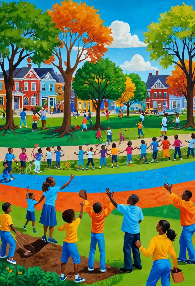 A vibrant mural depicting diverse historic figures engaging in joyful community service, with playful interactions and bright colors symbolizing hope and positivity. Include elements like volunteers planting trees, sharing stories, and teaching children, all set in a lively park scene under a sunny sky. The artwork should convey a sense of unity, gratitude, and celebration of history. super-realistic. vibrant colors. 3D.